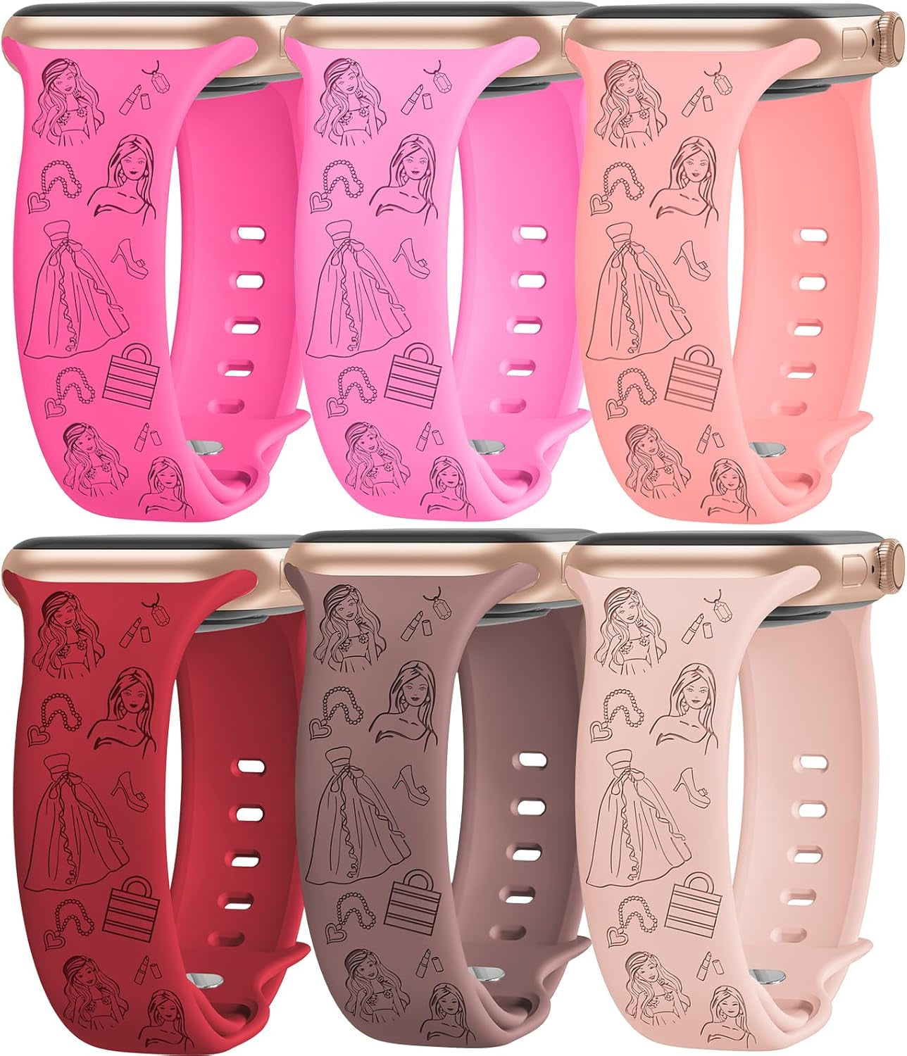 6 Packs Cartoon Engraved Bands Compatible with Apple Watch Band 40Mm 38Mm 44Mm 45Mm 49Mm 42Mm Women, Designer Silicone Cute Soft Strap for Apple Watch Ultra 2 Iwatch Series 9 8 7 SE 6 5 4 3 2 1