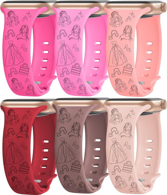 6 Packs Cartoon Engraved Bands Compatible with Apple Watch Band 40Mm 38Mm 44Mm 45Mm 49Mm 42Mm Women, Designer Silicone Cute Soft Strap for Apple Watch Ultra 2 Iwatch Series 9 8 7 SE 6 5 4 3 2 1