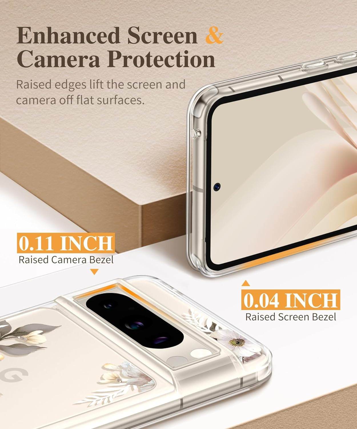 GVIEWIN Compatible with Google Pixel 8 Pro Case, with 2X Screen Protectors, [Not Yellowing + Military Grade Drop Tested] Clear Floral Slim Shockproof Protective Women Phone Case(Delphinium/Grey)  GVIEWIN   