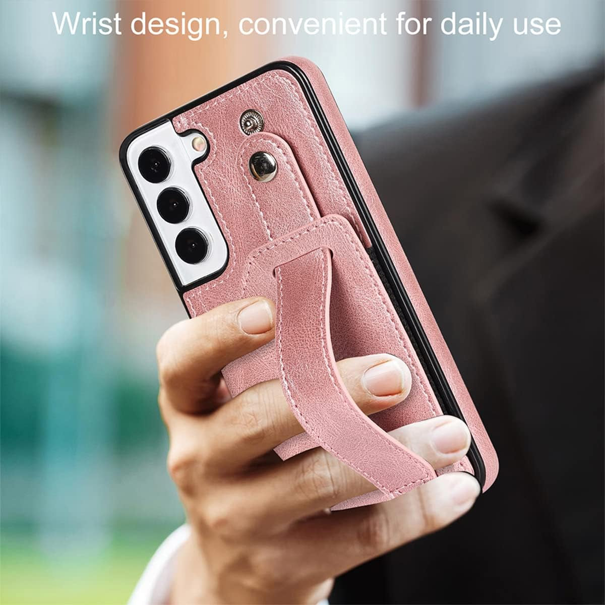Design for Samsung Galaxy S22 plus 5G Phone Case with Screen Protector Adjustable Wrist Strap Kickstand Credit Card Slot Slim Shockproof Hybrid Rugged Protective Cover for Women 6.6" Rose Gold