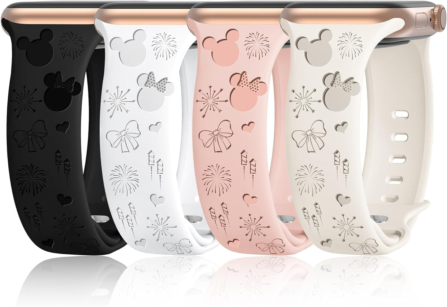 4 Pack Cartoon Engraved Bands Compatible with Apple Watch Band 40Mm 41Mm 38Mm 42Mm 44Mm 45Mm 49Mm Women,Soft Silicone Cute Designer Strap for Iwatch Bands Series SE 8 6 5 4 3 2 1 Ultra