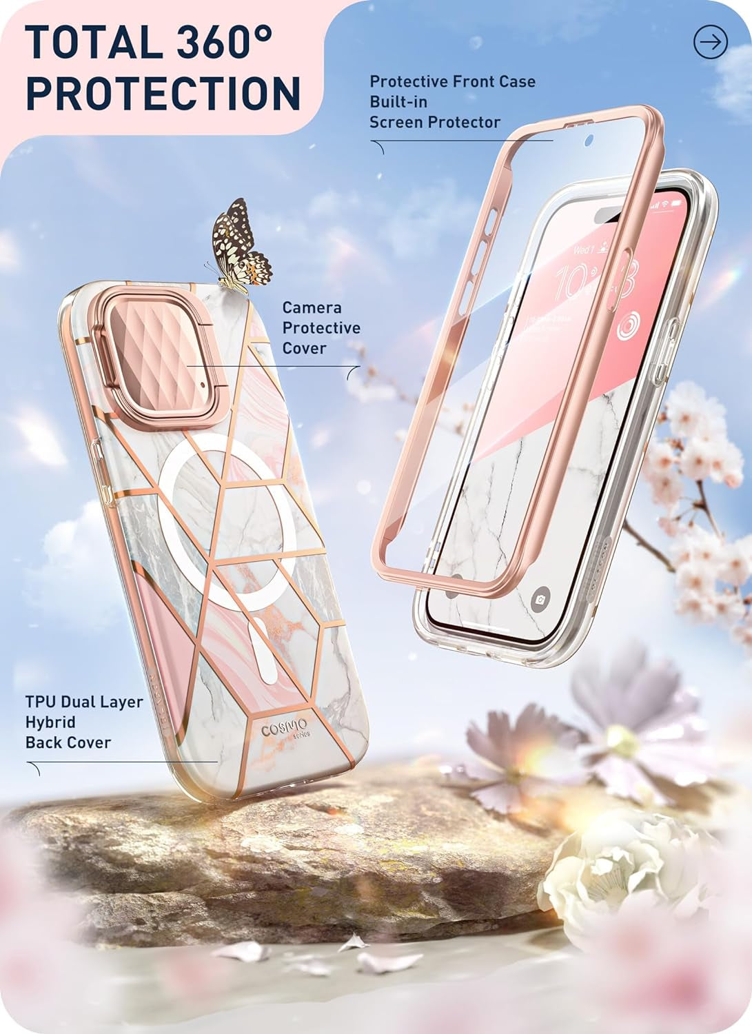 I-Blason for Iphone 15 Pro Case with Stand, [Magsafe Compatible] [Camera Cover Stand] [Built-In Screen Protector], Slim Stylish Phone Case for Iphone 15 Pro, Cosmag Series, Marble  i-Blason   