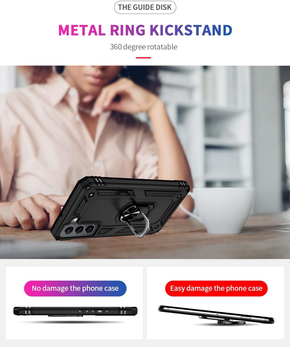 For Samsung S22 Case, Galaxy S22 Case with HD Screen Protectors, Military-Grade Metal Ring Holder Kickstand 15Ft Drop Tested Shockproof Cover Case for Samsung Galaxy S22 Black
