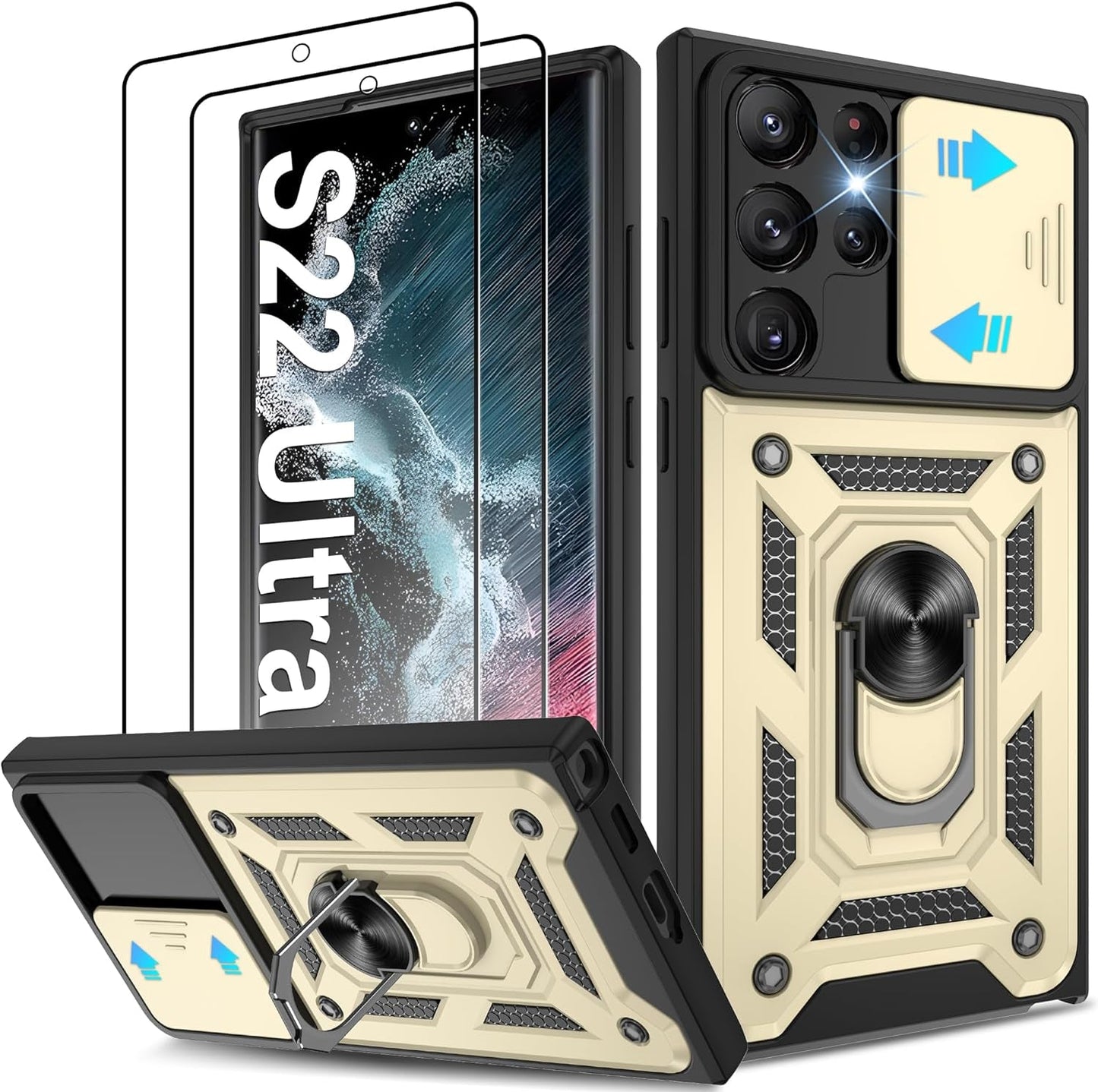 ATUMP for Samsung Galaxy S22 Ultra Case with (2 Pcs) HD Screen Protector, Heavy Duty Shockproof with 360° Rotation Metal Kickstand [Military Grade] Protective Case for S22 Ultra, Blue