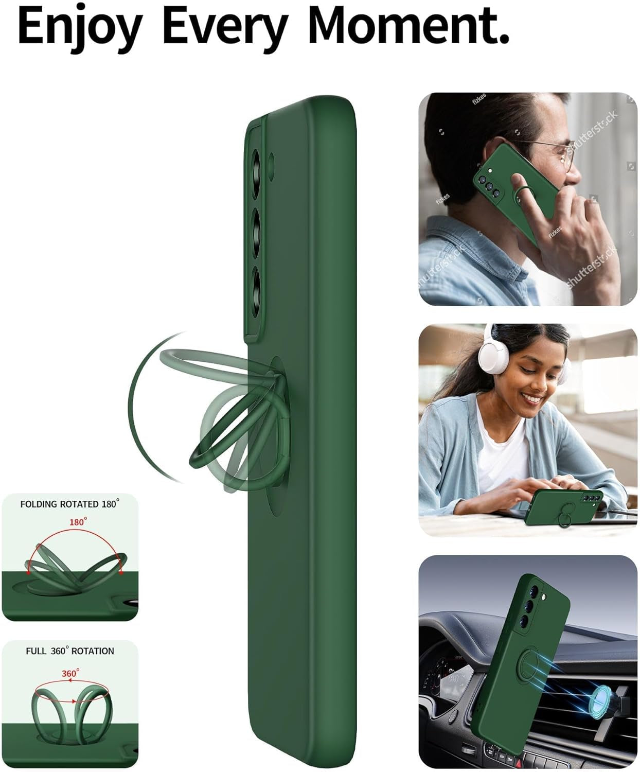 Dssairo for Samsung Galaxy S22 plus Phone Case, Ring Stand [360° Rotatable Ring Holder Magnetic Kickstand], with Full Camera Cover Protection, Silicone Slim Protective 5G Phone Case (Alpine Green)