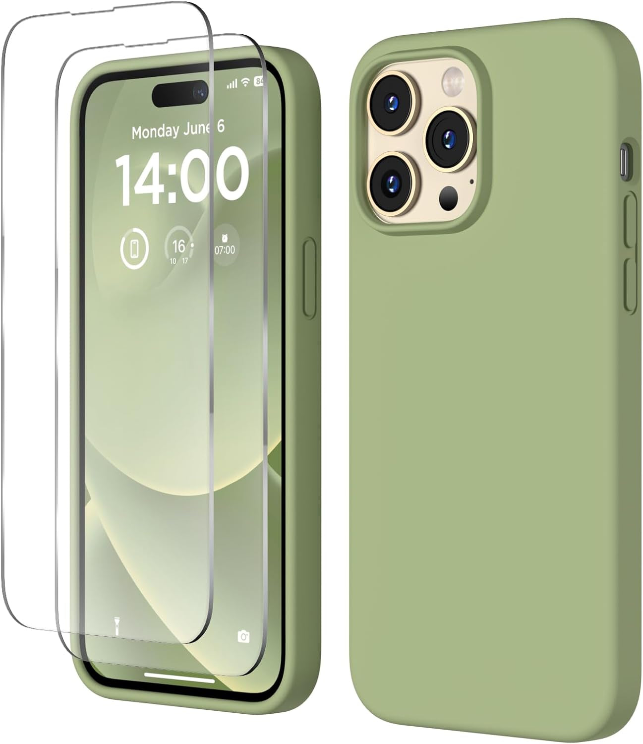 COFFKER Designed for Iphone 14 Pro Max Case, Liquid Silicone Case [2X Screen Protectors], Shockproof Slim Thin Protective Phone Case with Soft Anti-Scratch Microfiber Lining, 6.7 Inch, Calke Green  COFFKER   