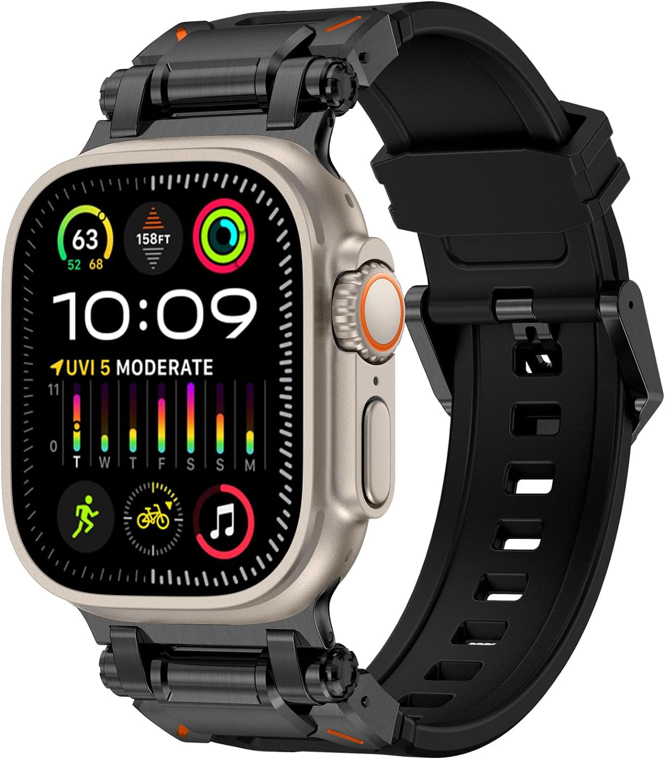 FULLIFE for Apple Watch Band for Apple Watch Ultra Band Apple Watch Ultra 2 49Mm for Men, Silicone Rubber Bands for Series 9/8/SE2/7/6/SE/5/4/3/2/1 45Mm 44Mm 42Mm Stainless Steel Metal Connector Band