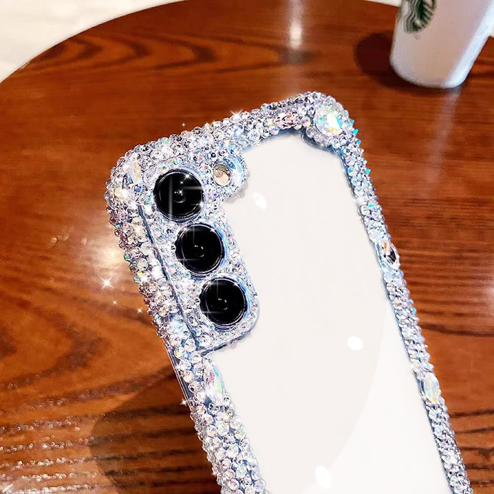 Cavdycidy Compatible with Samsung Galaxy S22 plus Bling Clear Case for Women,Glitter Phone Case with Sparkle Rhinestone Diamond Camera Protection，Airbag Anti-Fall Crystal Hard Cover for Girl