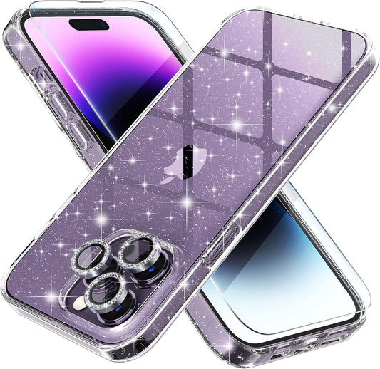 Choiche Compatible for Iphone 14 Pro Max Case Cute, Women Clear Glitter Bling Sparkly Case, [3 X Diamond Camera Lens Protectors] [2 X Tempered Glass Screen Protectors] 6.7-Inch (Glitter Clear)  Choiche   