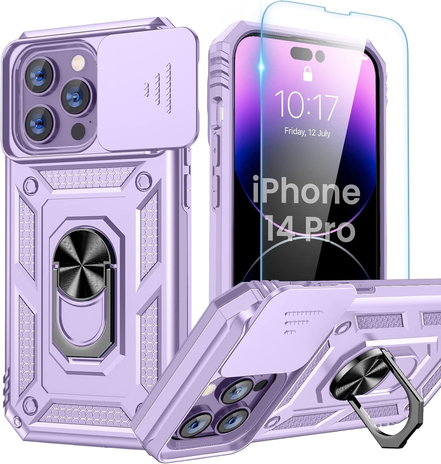 Goton for Iphone 14 Pro Case with Screen Protector - Slide Camera Cover Phone Case with Ring Stand, Heavy Duty Military Grade Shockproof Rugged Bumper for Iphone 14 Pro Accessories Dark Purple  Yin-Goton   