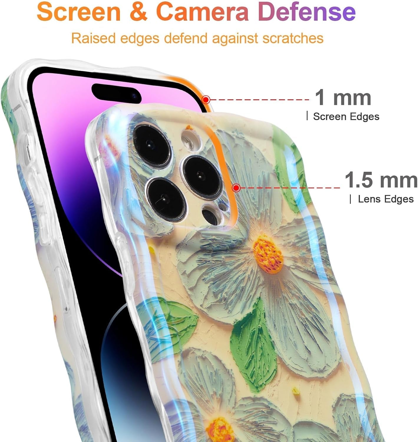 EYZUTAK Case for Iphone 14 Pro, Colorful Retro Oil Painting Flower Leaf Laser Glossy Pattern Cute Curly Wave Edge Exquisite Phone Cover Stylish Durable TPU Protective Case for Girls Women - Blue Green  EYZUTAK   