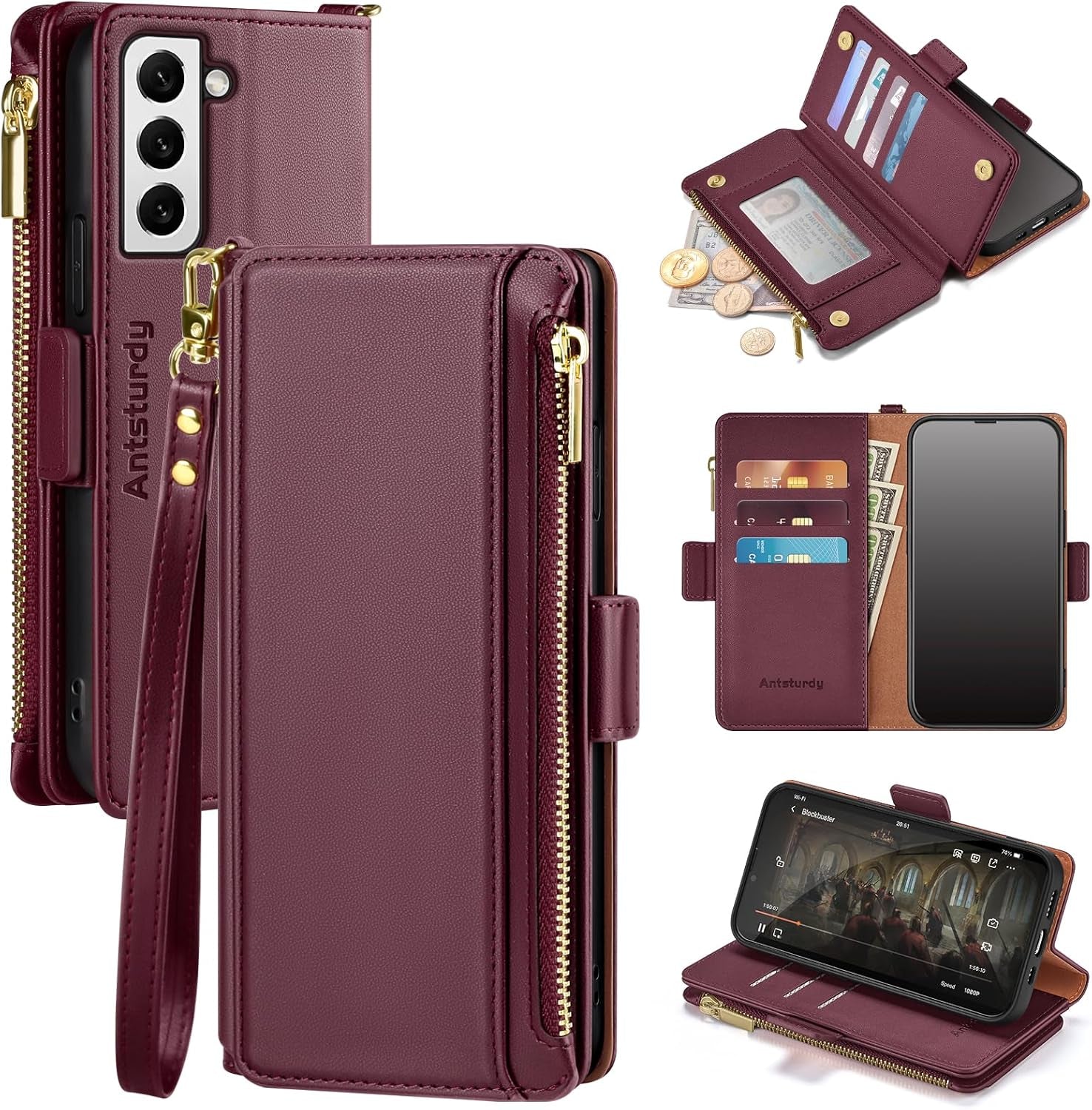 Antsturdy Samsung Galaxy S22+/S22 plus Case Wallet with Card Holder for Women Men,Galaxy S22+/S22 plus Phone Case RFID Blocking PU Leather Flip Cover with Strap Zipper Credit Card Slots,Light Purple