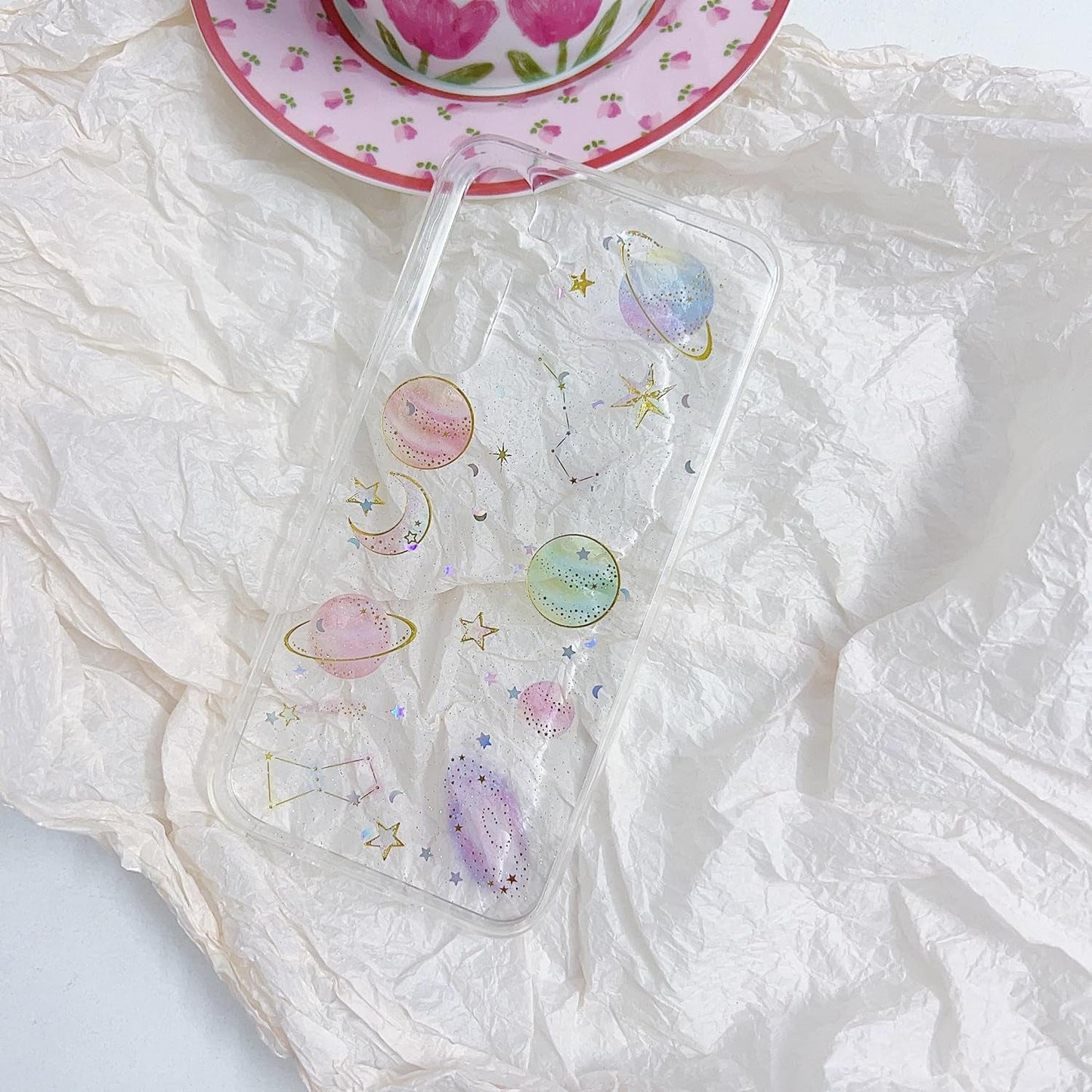 Compatible for Samsung Galaxy A53 Case, Cute Clear Cases with Design Stars and Moon Bling Glitter Planet Aesthetic Soft Silicone Shockproof Cover Women Girls for Samsung A53 6.5'', Space