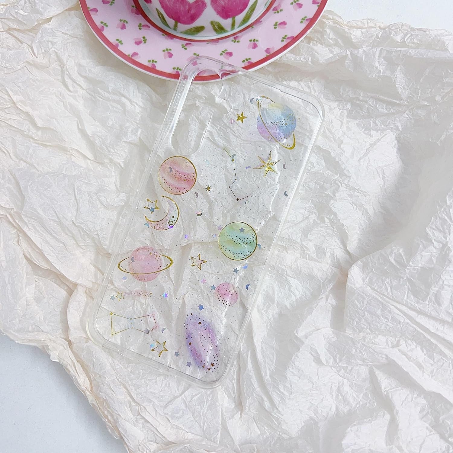 Compatible for Samsung Galaxy A53 Case, Cute Clear Cases with Design Stars and Moon Bling Glitter Planet Aesthetic Soft Silicone Shockproof Cover Women Girls for Samsung A53 6.5'', Space