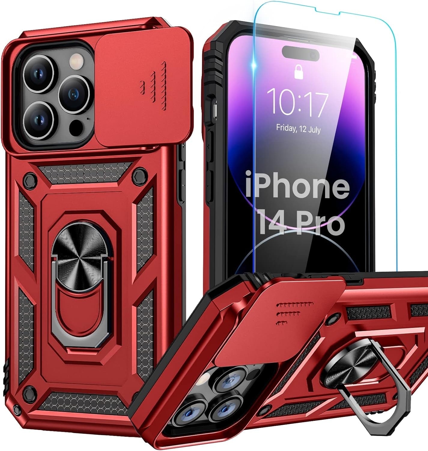 Goton for Iphone 14 Pro Case with Screen Protector - Slide Camera Cover Phone Case with Ring Stand, Heavy Duty Military Grade Shockproof Rugged Bumper for Iphone 14 Pro Accessories Dark Purple  Yin-Goton Red Only For Iphone 14 Pro 