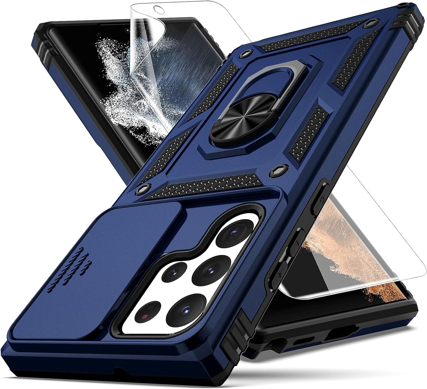 For Samsung Galaxy S22 Ultra Case,With Camera Lens Cover HD Screen Protector,[Military Grade] Ring Car Mount Kickstand Hybrid Hard PC Soft TPU Shockproof Protective Case for Galaxy S22 Ultra, Red