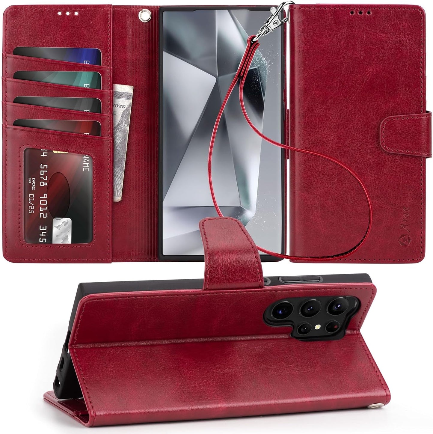 Arae Case for Samsung Galaxy S22 Ultra 5G PU Leather Wallet Case Cover [Stand Feature] with Wrist Strap and [4-Slots] Id&Credit Cards Pocket (S22 Ultra-6.8 Inch, Black)