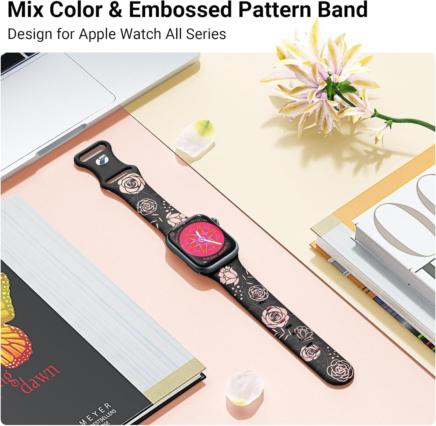 Floral Engraved Band Compatible with Apple Watch Bands 40Mm 44Mm 41Mm 45Mm 49Mm 38Mm 42Mm Women,Designer Cute Flower Pattern Soft Silicone Sport Strap for Iwatch Ultra SE Series 9 8 7 6 5 4 3 2 1