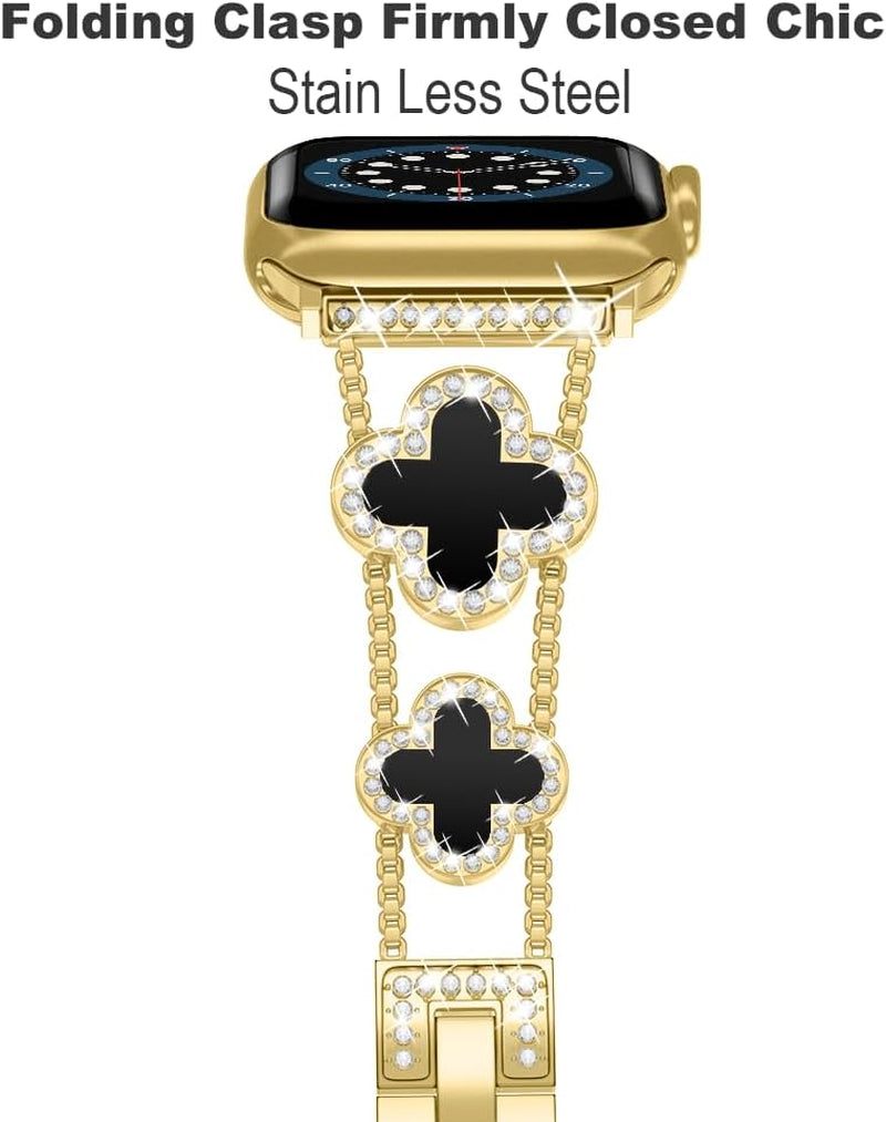 Diamond Metal Band Adds Sparkle to Your Watch - Compatible with Apple Watch Series 8/7/6/5/4/3/2/1Se/Ultra - Clover Is Simple and Stylish, Fits Women'S Sizes 38Mm 40Mm 41Mm 42Mm 44Mm 45Mm 49Mm.(Gold/Black, 42Mm/44Mm/45Mm)