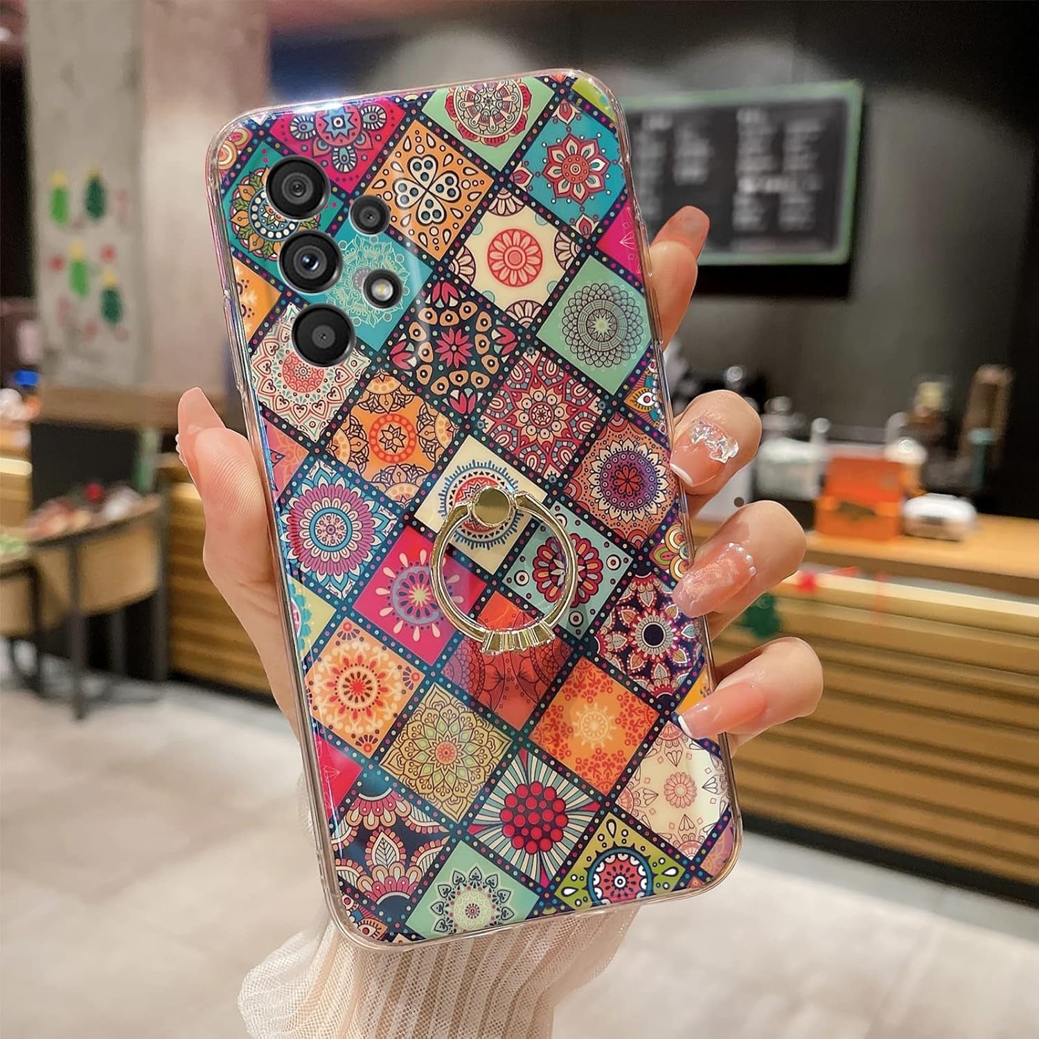 Case for Galaxy A53 5G Retro Floral Slim Cute Bumper Shockproof Protection Phone Case for Girls Women with Gold Ring Stand Flower Ethnic Style Cover for Samsung Galaxy A53 5G - Mandala