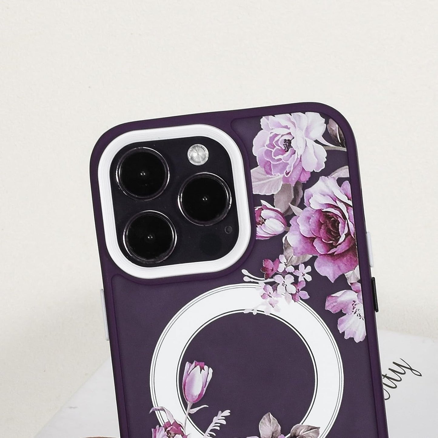 Eiyikof Compatible with Iphone 15 Pro Magnetic Matte Translucent Case [Luxury Shockproof Magsafe Case] [Cute Flower Pattern Hard Back Cover] Iphone 15 Pro Case for Women Girls-Purple Floral  Eiyikof   