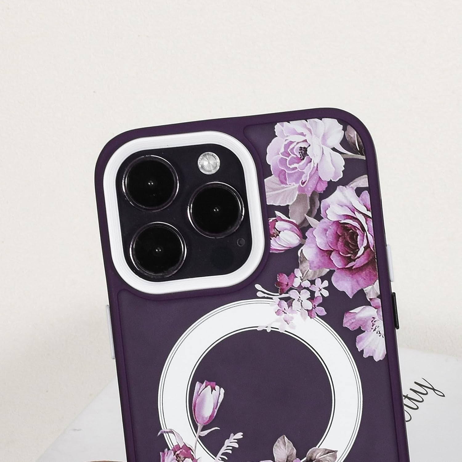 Eiyikof Compatible with Iphone 15 Pro Magnetic Matte Translucent Case [Luxury Shockproof Magsafe Case] [Cute Flower Pattern Hard Back Cover] Iphone 15 Pro Case for Women Girls-Purple Floral  Eiyikof   