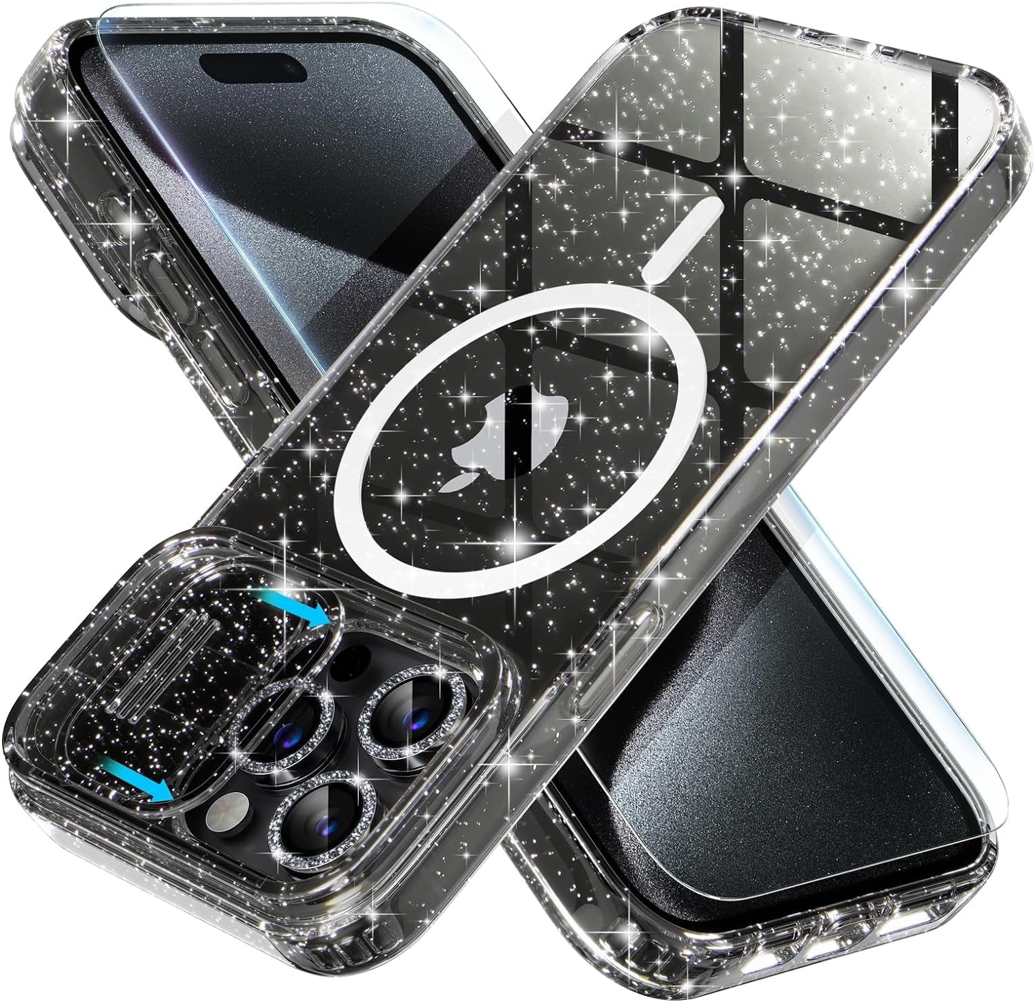 Choiche Magnetic Case for Iphone 15 Pro Case, Women Clear Glitter Sparkly Case, [Slide Camera Cover & 3 Diamond Camera Lens Protectors & 2 Screen Protectors] [Compatible Magsafe] (Glitter Clear)  Choiche   