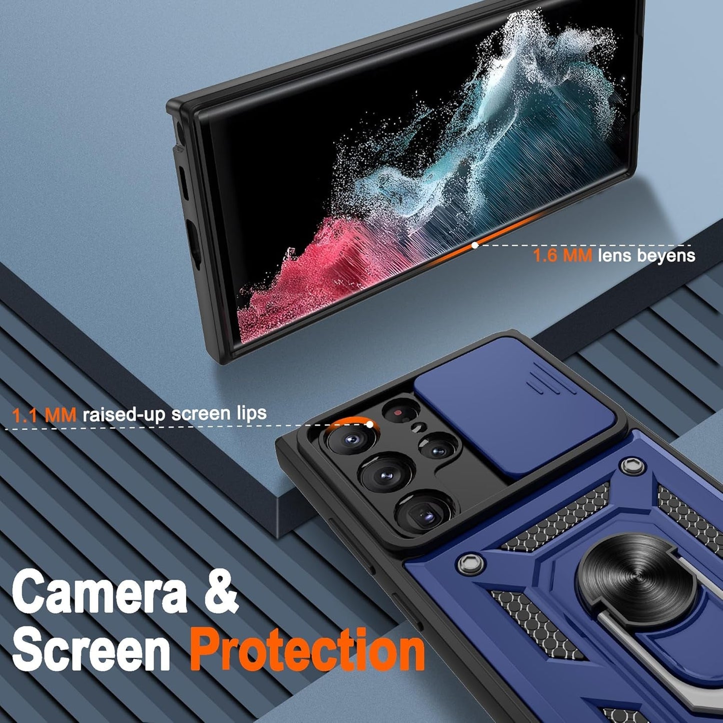 ATUMP for Samsung Galaxy S22 Ultra Case with (2 Pcs) HD Screen Protector, Heavy Duty Shockproof with 360° Rotation Metal Kickstand [Military Grade] Protective Case for S22 Ultra, Blue