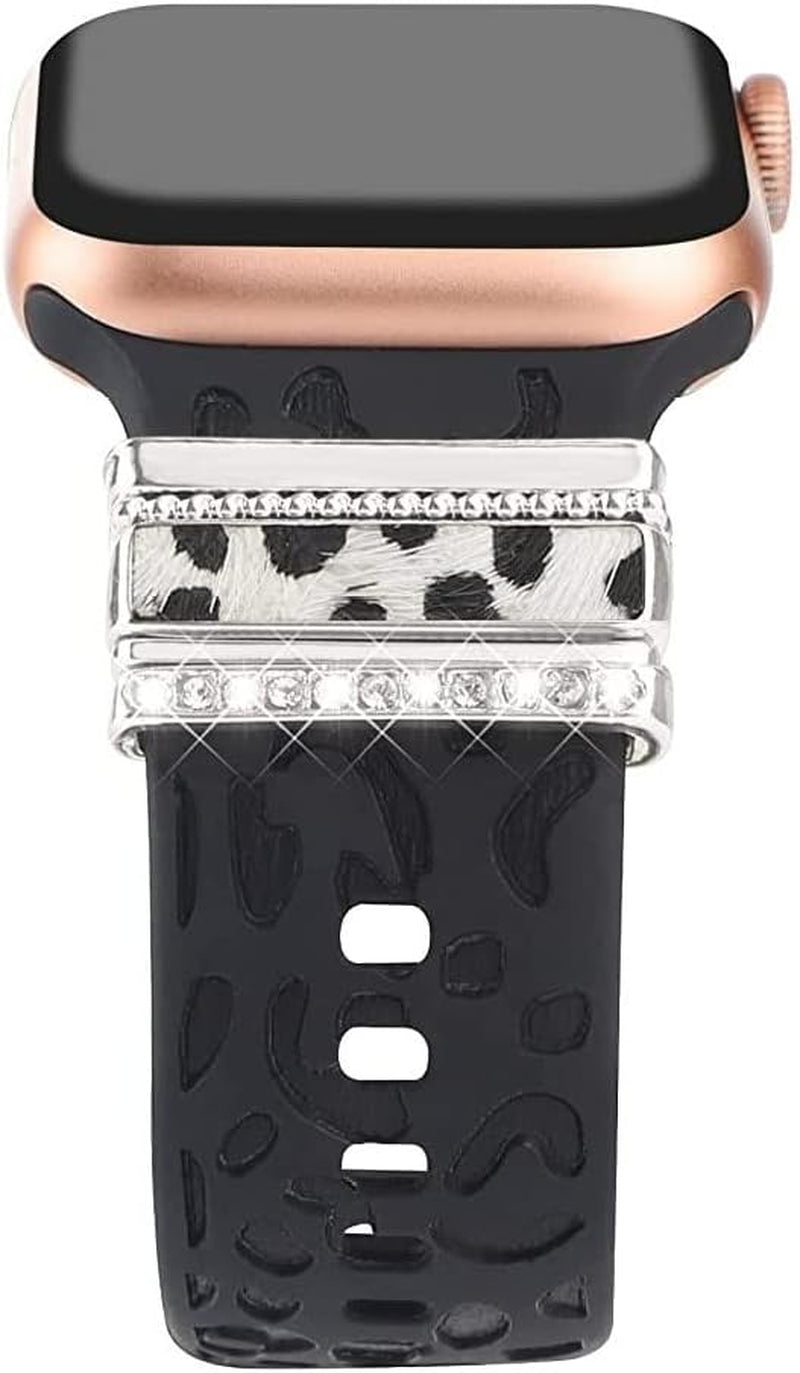 Decorative Rings Loops Compatible with Apple Watch Silicone Bands Metal Diamond Charms 45Mm 44Mm 42Mm 41Mm 40Mm 38Mm Iwatch Series 8 7 6 5 4 3 2 1 Accessories, Leopard Print Silver, Adjustable