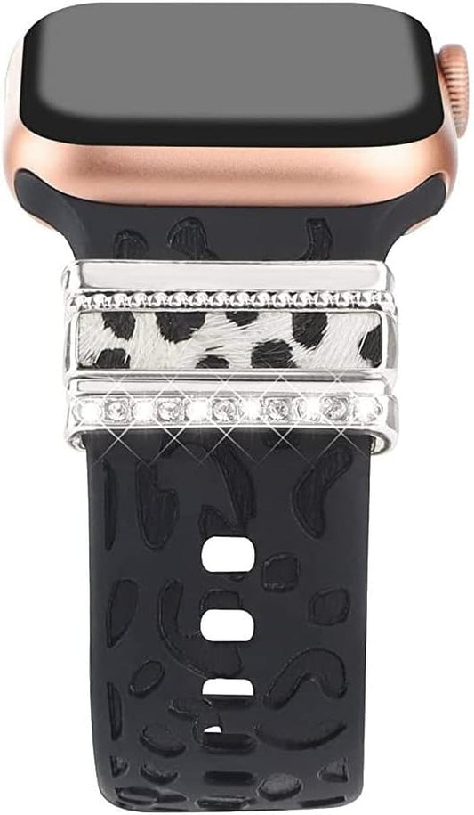 Decorative Rings Loops Compatible with Apple Watch Silicone Bands Metal Diamond Charms 45Mm 44Mm 42Mm 41Mm 40Mm 38Mm Iwatch Series 8 7 6 5 4 3 2 1 Accessories, Leopard Print Silver, Adjustable