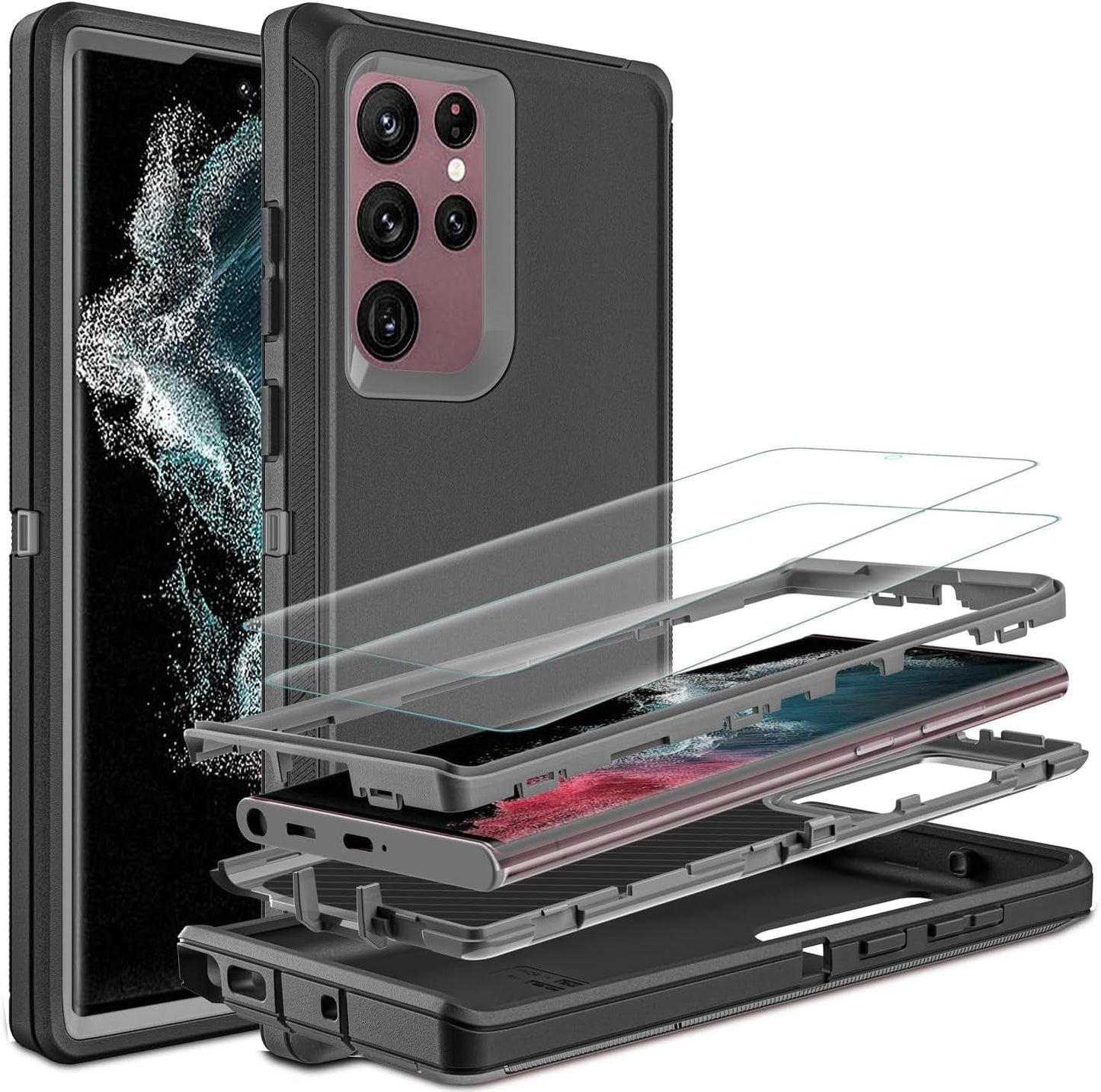 For Samsung Galaxy S22 Ultra Case, S22 Ultra Case with Self Healing Flexible TPU Screen Protector [2 Pack], 3 in 1 Shockproof Heavy Duty Case for Samsung S22 Ultra 5G (Blue/Turquoise)