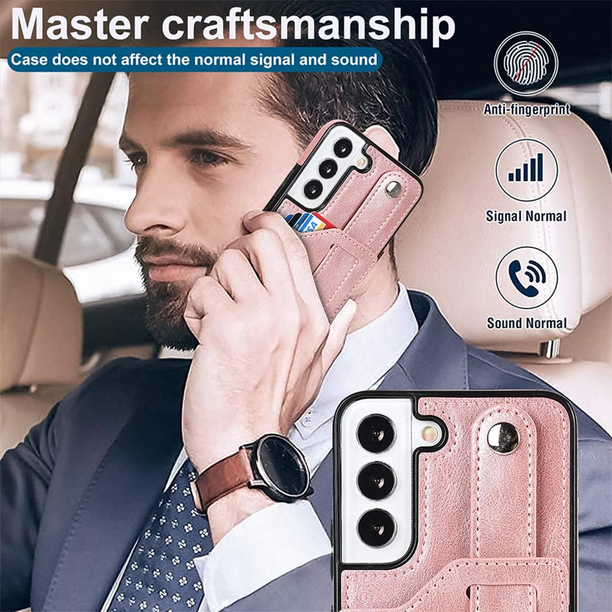 Design for Samsung Galaxy S22 plus 5G Phone Case with Screen Protector Adjustable Wrist Strap Kickstand Credit Card Slot Slim Shockproof Hybrid Rugged Protective Cover for Women 6.6" Rose Gold