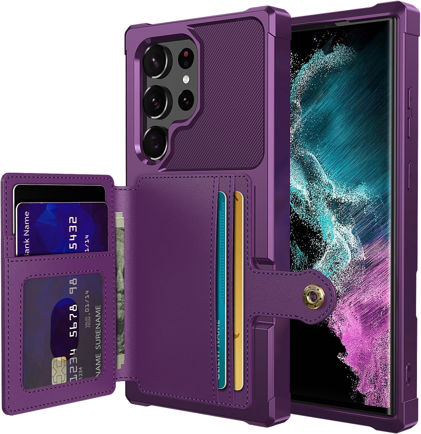 For Samsung Galaxy S22 Ultra Case with Card Holder, Compatible with Magnetic Car Mount, Heavy Duty Shockproof Rugged Soft TPU Back Leather Flip Wallet Cover 6.8 Inch, Red