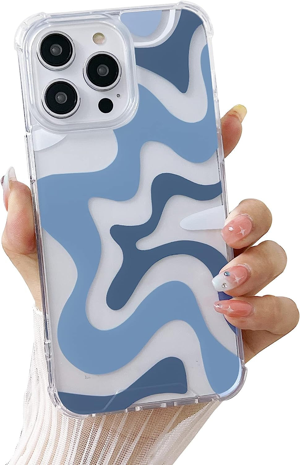 Ginkgonut Compatible with Iphone 14 Pro Case, Fashion Simple Cute Wavy Pattern Case for Women Girls Soft Tpu+Hard PC Protection Case for Iphone 14 Pro-Blue  Ginkgonut Blue Iphone 15 Pro 