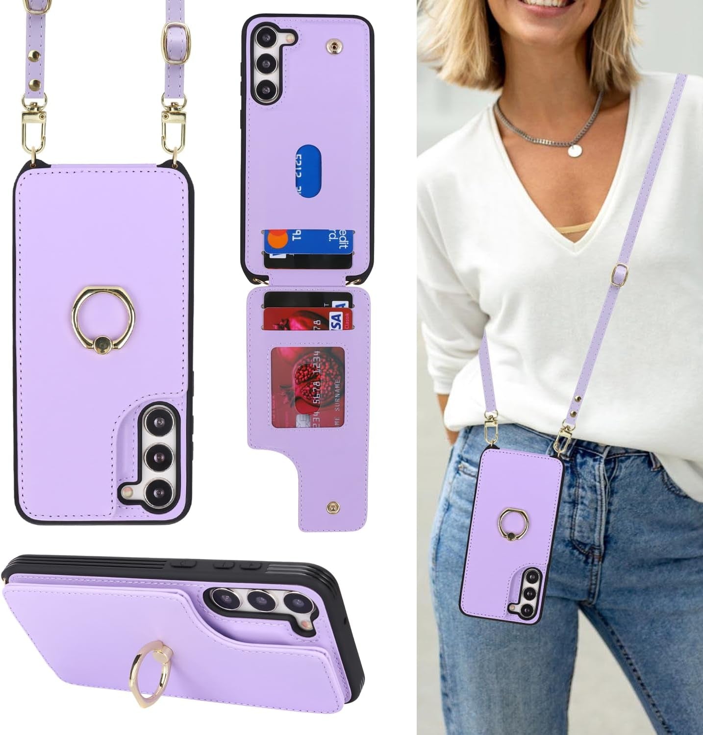 For Samsung Galaxy S22 Ultra Case with Card Holder and Strap for Women,Crossbody Lanyard,Ring Stand,Snap Clasp,Phone Wallet Cases 6.8 Inch(Purple)