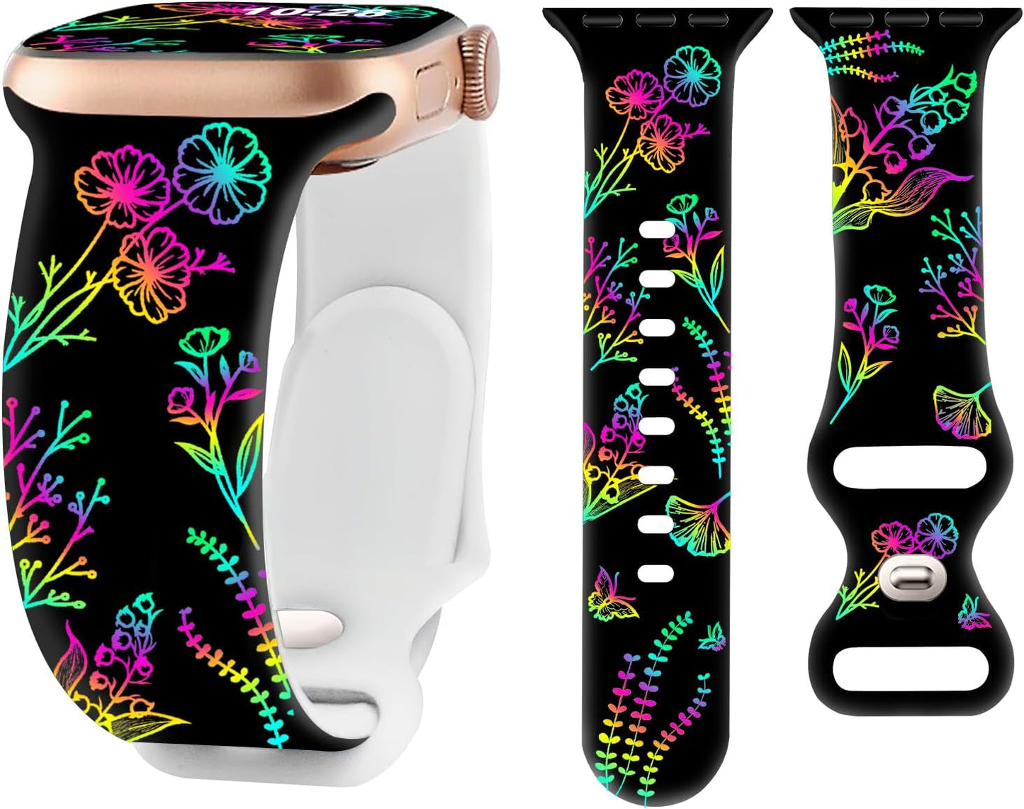 Brigtlaiff Compatible with Apple Watch Bands 38Mm 40Mm 41Mm 42Mm 44Mm 45Mm 49Mm for Women Men, Silicone Sport Floral Print Fadeless Strap for Iwatch Bands Series 9/8/7/6/5/4/3/2/1/Se/Ultra