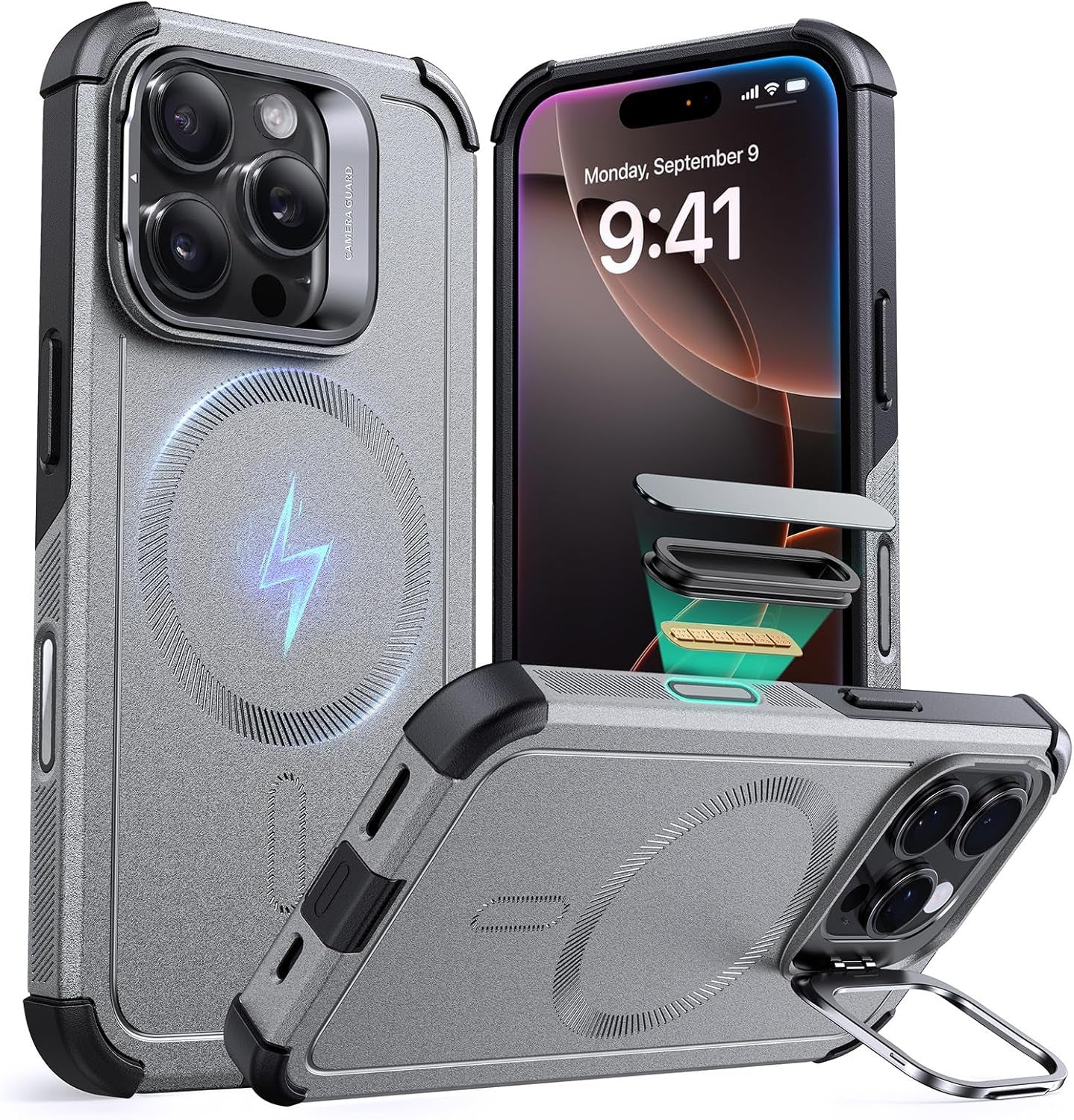 ESR for Iphone 17 Pro Case with Stash Stand, 7X Military-Grade Drop Protection with Camera Control, Shock-Absorbing Phone Rugged Cover, Compatible with Magsafe Accessories, Cyber Series, Black