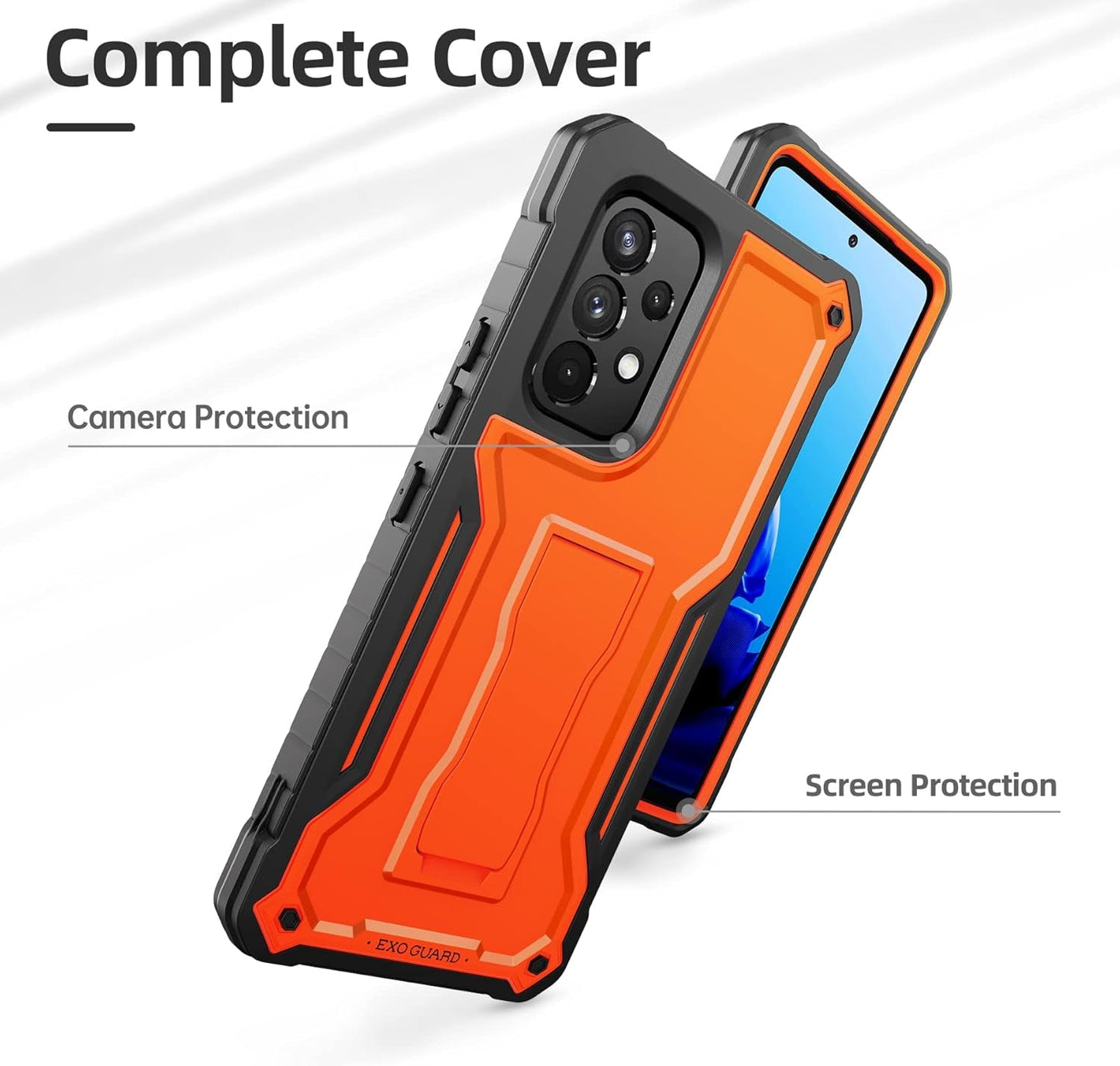 Exoguard for Samsung Galaxy A53 Case, Rubber Shockproof Full-Body Cover Case with Screen Protector for Samsung A53 5G Phone, Built-In Kickstand (Orange)