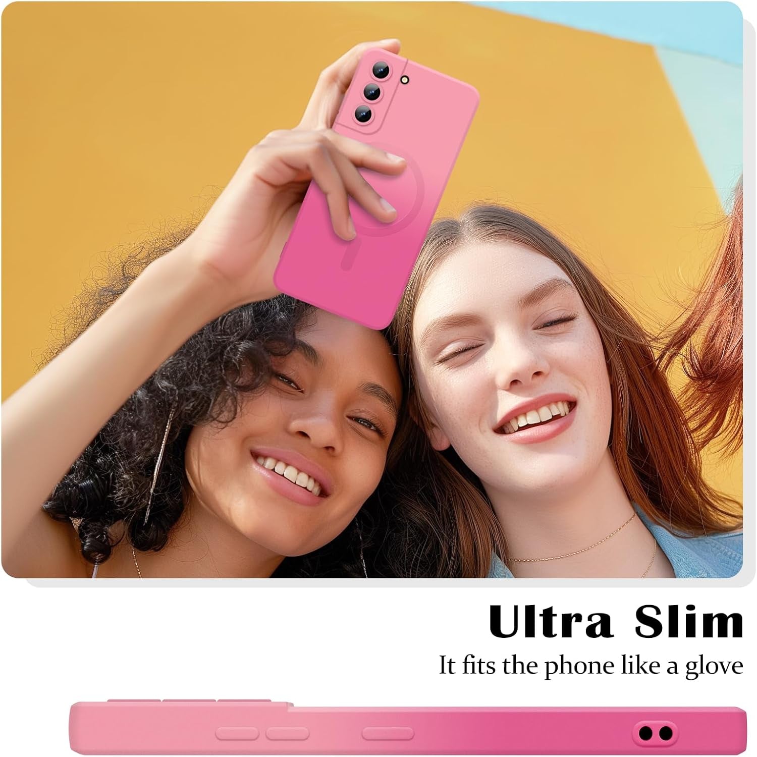 For Samsung Galaxy S22 plus 5G Magnetic Case, Luxury Cute Soft Liquid Silicone Case Bumper Anti-Scratch Shockproof Full Camera Protector Multicolor Cover for Samsung Galaxy S22 Plus-Pink Red