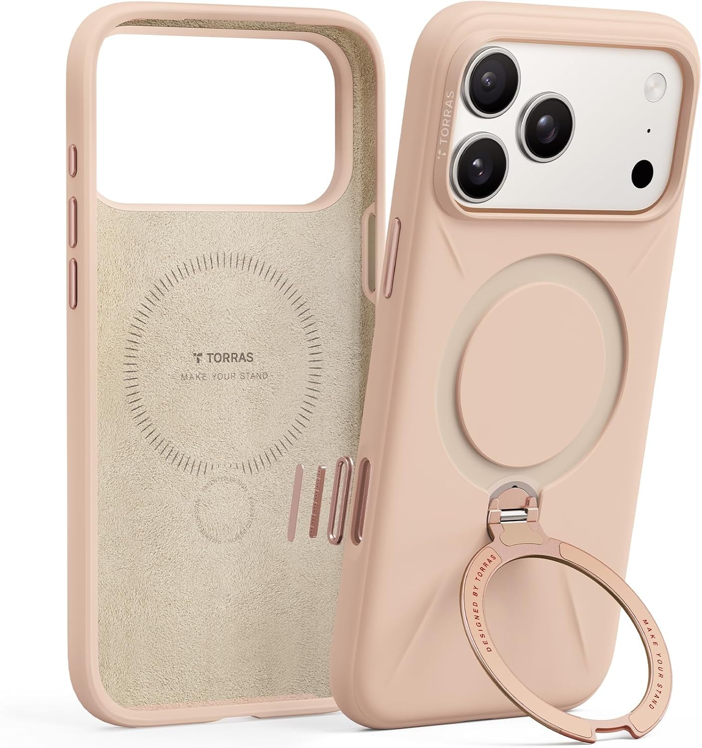 TORRAS Ostand Q3 Silicone for Iphone 17 Pro Max Case, Fit for Magsafe, 360 Spin Stand, Soft Liquid Silicone Cozy Grip, Camera Control, Protective Case for Iphone 17 Pro Max for Women, Ivory Gold