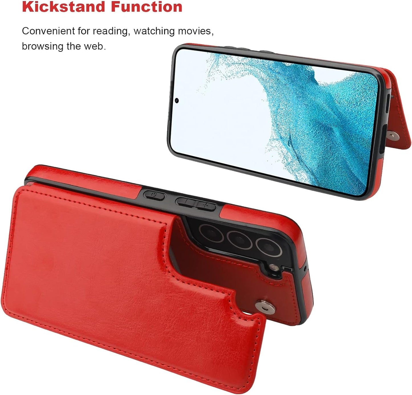 Compatible with Samsung Galaxy S22 Wallet Case with Card Holder, PU Leather Kickstand Card Slots Case, Double Magnetic Clasp and Durable Shockproof Cover 5G 6.1 Inch(Red)