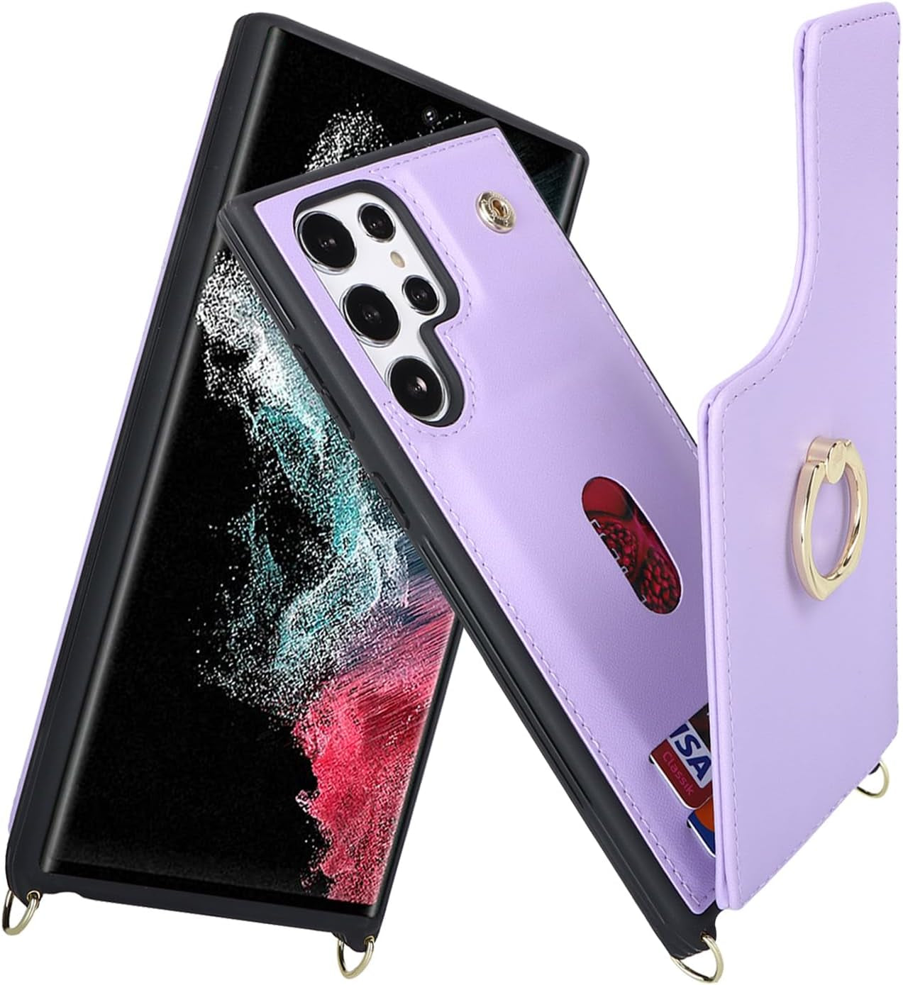 For Samsung Galaxy S22 Ultra Case with Card Holder and Strap for Women,Crossbody Lanyard,Ring Stand,Snap Clasp,Phone Wallet Cases 6.8 Inch(Purple)