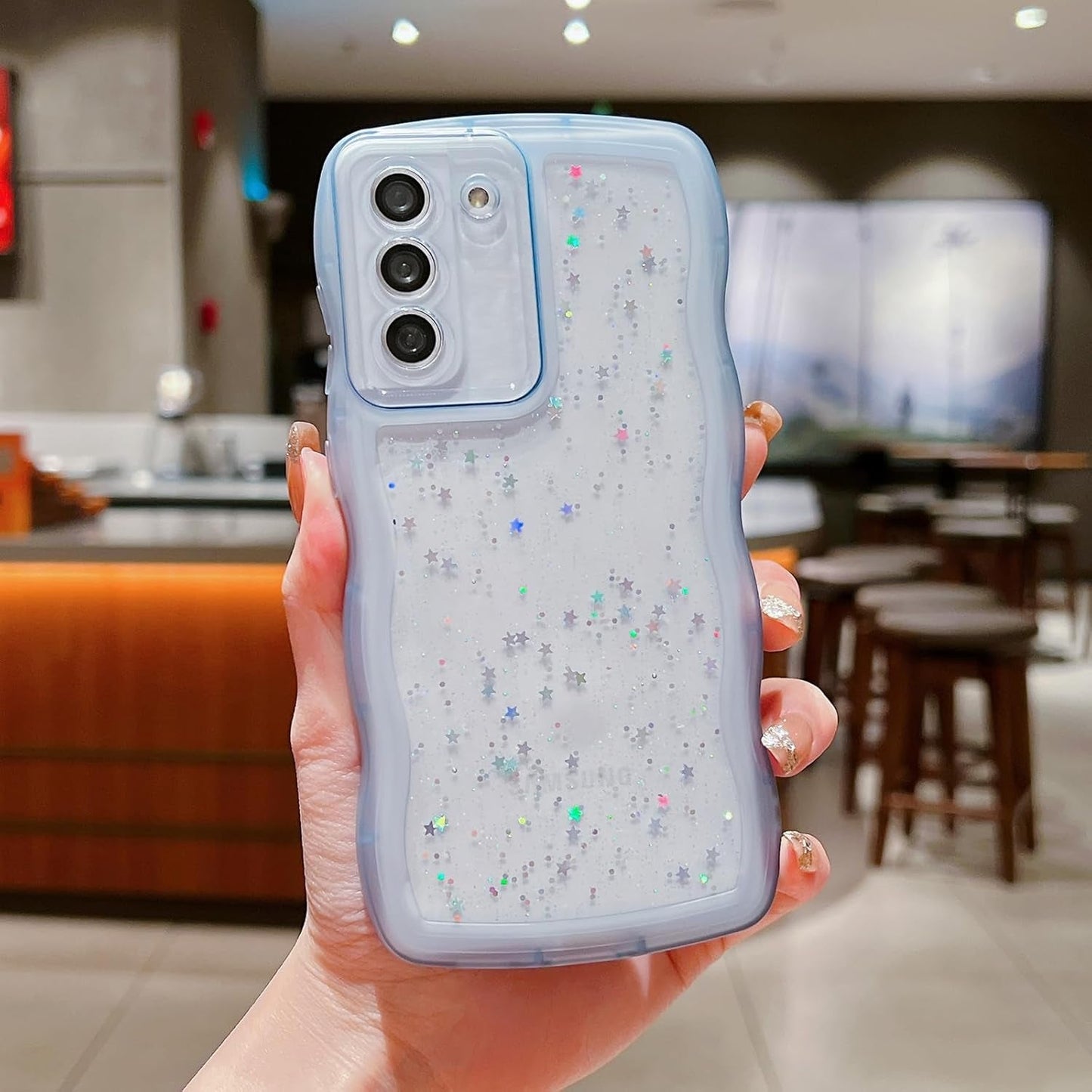 Compatible with Samsung Galaxy S22 plus Case,Transparent Matte Curly Wave Frame Bling Shiny Cases,Cute Glitter Clear Shockproof Protective Bumper Phone Cover for Women Girls (Blue)