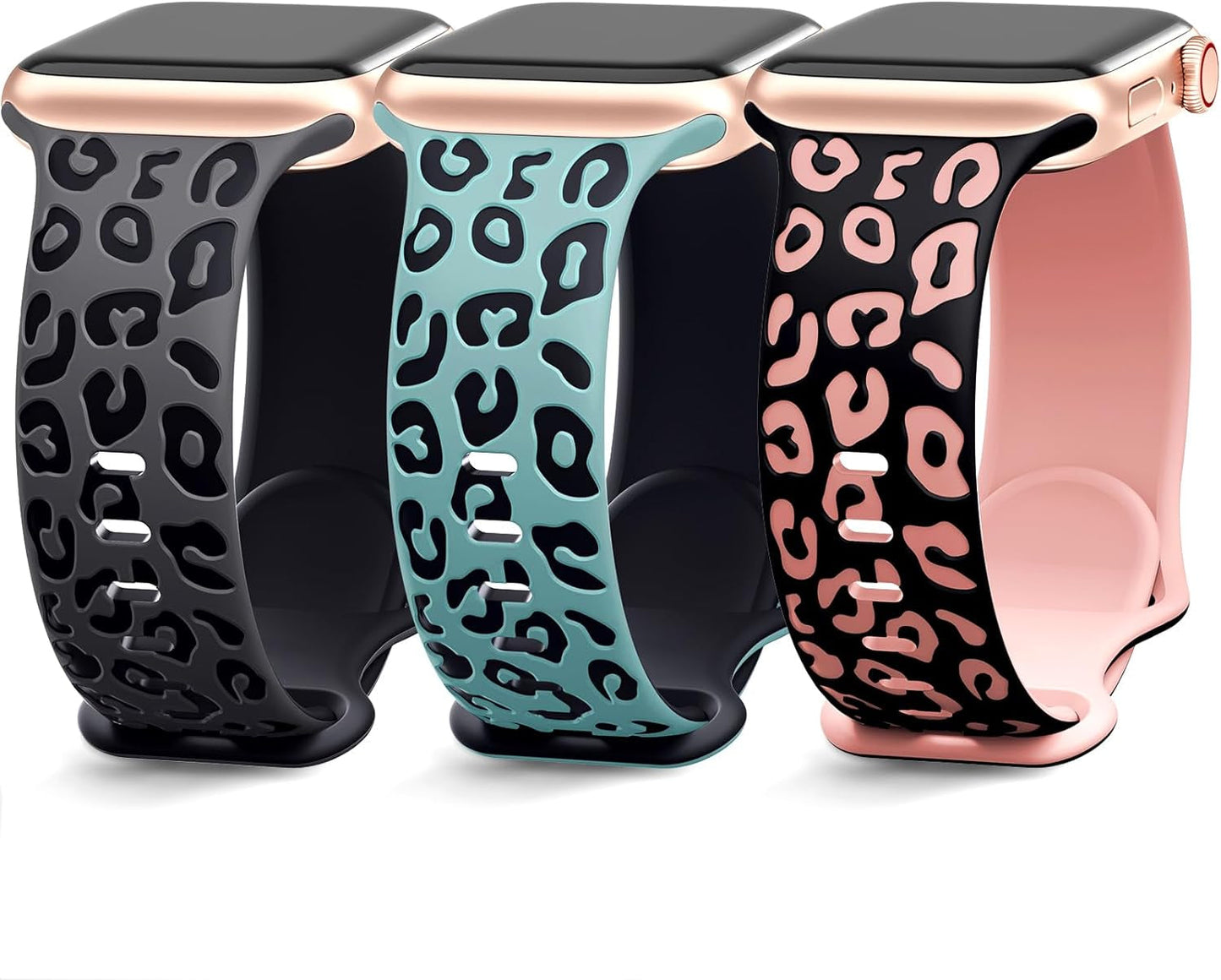 3 Pack Engraved Leopard Bands Compatible with Apple Watch Band 40Mm 41Mm 38Mm 45Mm 44Mm 42Mm 49Mm for Women Men,Cheetah Cute Sport Silicone Strap for Iwatch Series 9 Ultra/Ultra 2 SE 8 7 6 5 4 3 2 1