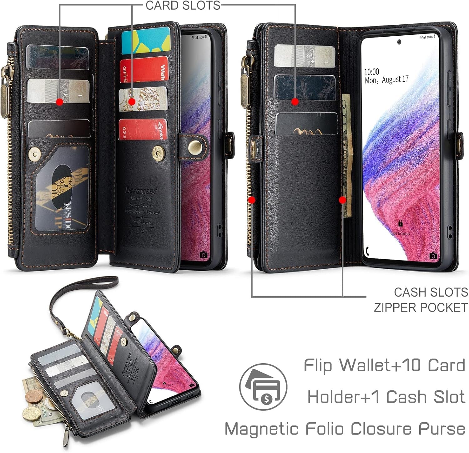 Defencase for Samsung Galaxy A53 5G Case, 【RFID Blocking】 for Samsung A53 5G Case Wallet for Women Men, PU Leather Magnetic Flip Strap Zipper Card Holder Wallet Phone Case for Galaxy A53 5G, Black