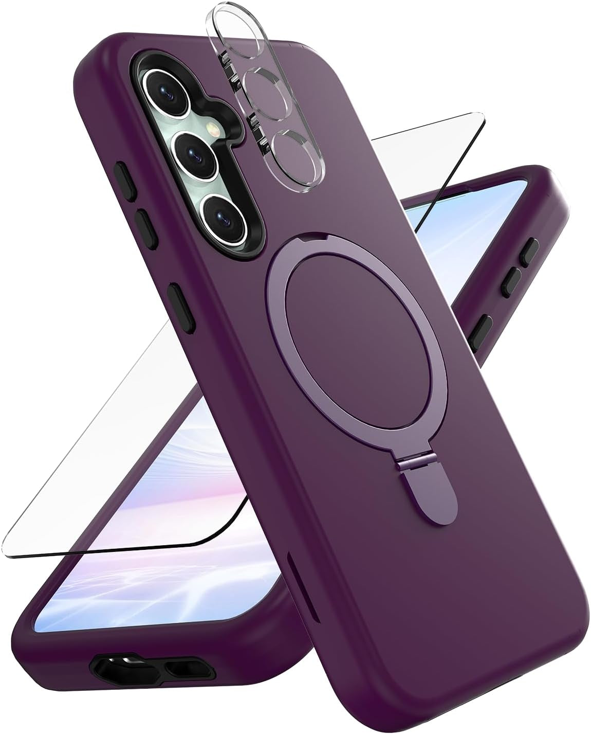 ACKETBOX Magnetic Designed for Samsung Galaxy S23 FE Case,With Screen+Camera Lens Protector+Kickstand,Case for Galaxy S23 FE 5G 6.4"（Deep Purple）