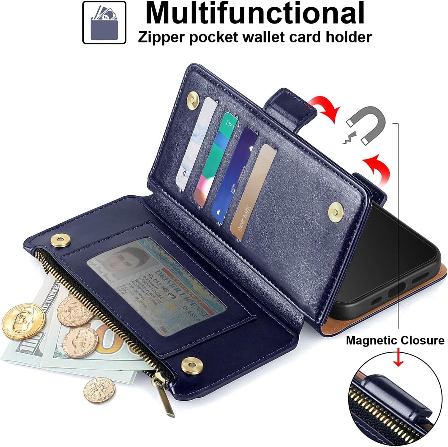 Antsturdy Samsung Galaxy S22 Ultra Wallet with Card Holder for Women Men,Galaxy S22 Ultra 5G Phone Case RFID Blocking PU Leather Flip Shockproof Cover with Strap Zipper Credit Card Slots,Dark Blue