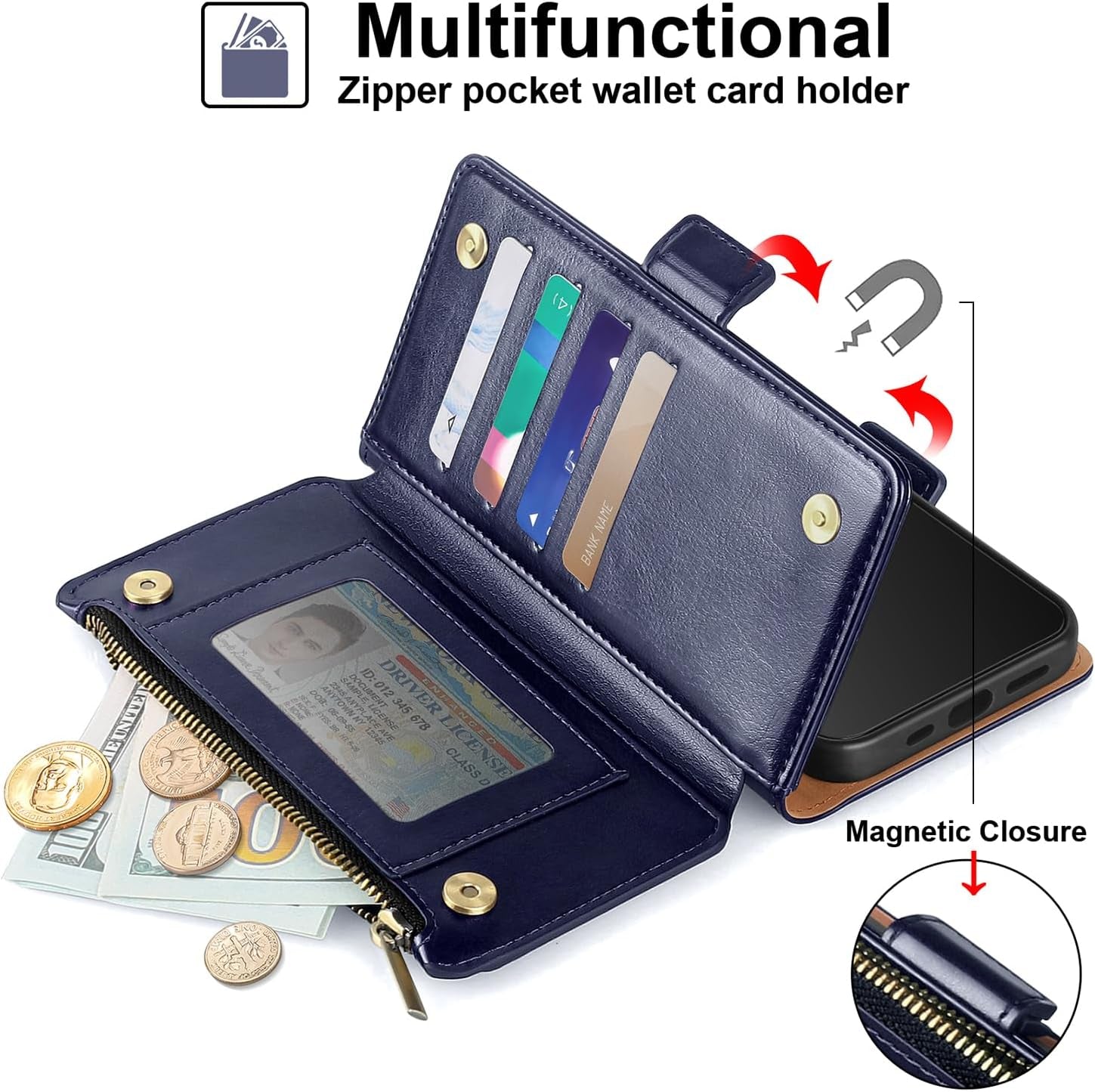 Antsturdy Samsung Galaxy S22 Ultra Wallet with Card Holder for Women Men,Galaxy S22 Ultra 5G Phone Case RFID Blocking PU Leather Flip Shockproof Cover with Strap Zipper Credit Card Slots,Dark Blue