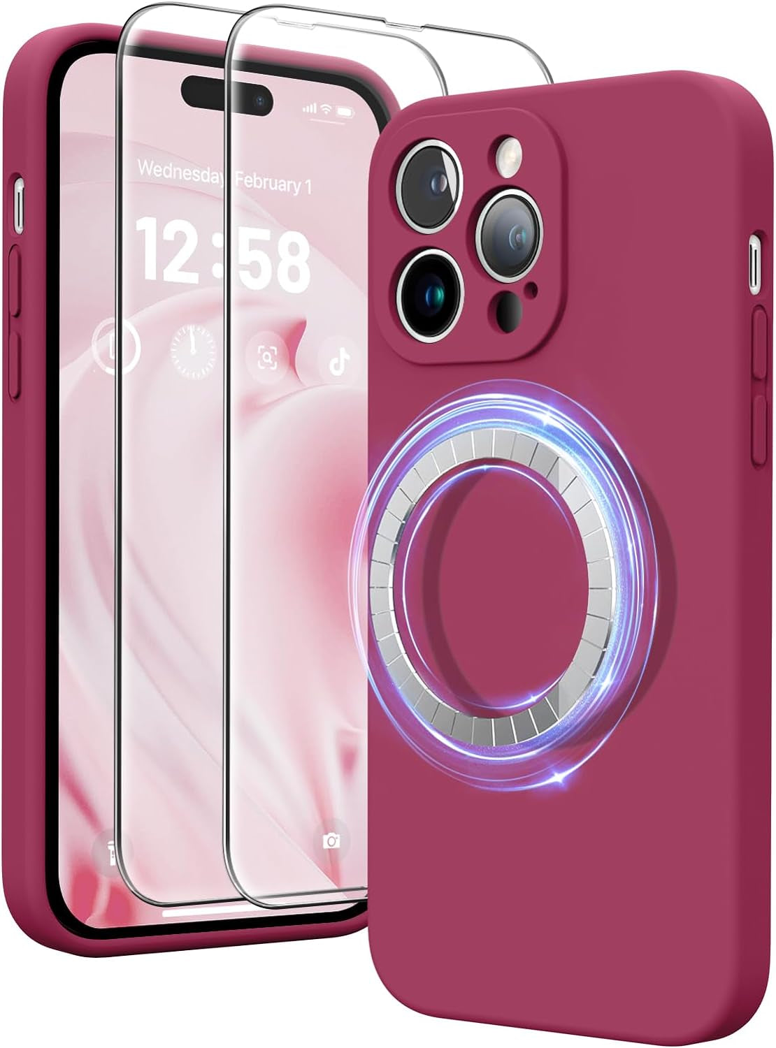 HIKII for Iphone 14 Pro Case Magnetic, Upgraded Silicone [Camera Protection] [Compatible with Magsafe] for Iphone 14 Pro Case with [2 Screen Protectors], 6.1 Inch, Light Brown  HIKII Rose Red  