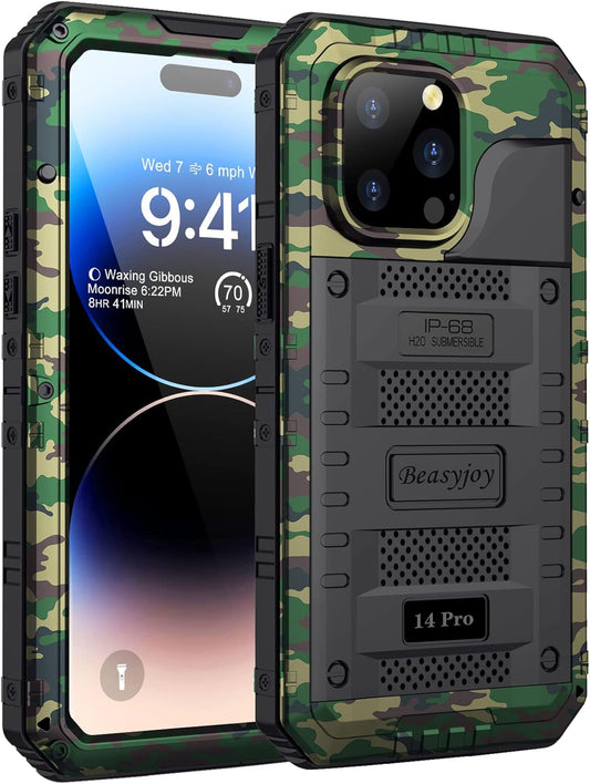 Beasyjoy Waterproof Case for Iphone 14 Pro, Metal Full Body Sealed Phone Case with Built-In Screen Protector, Military Grade Heavy Duty Defender Armor Shockproof Rugged Case 6.1 Inch, Camo  Beasyjoy   
